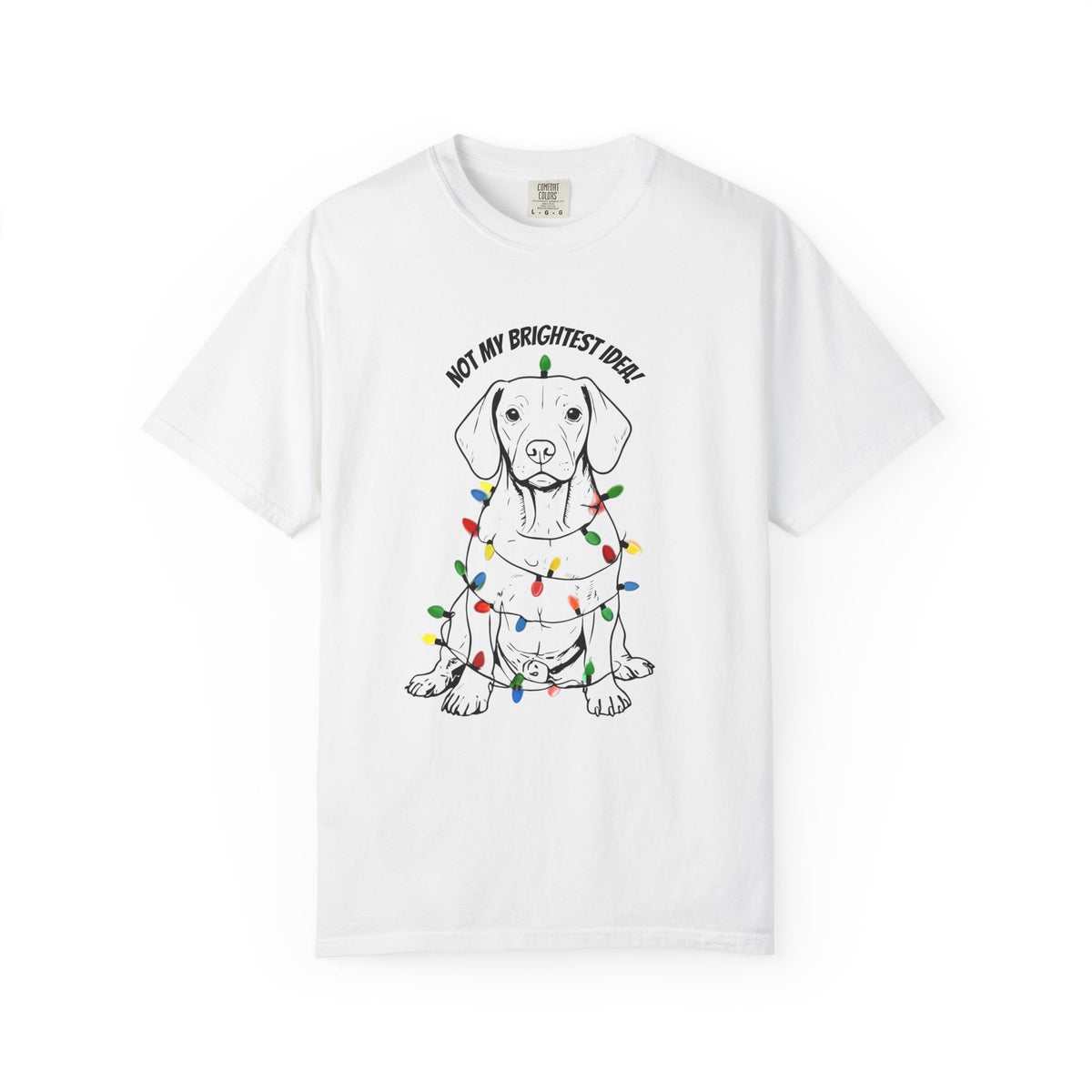 White puppy T-shirt with dog wrapped in colorful holiday lights graphic