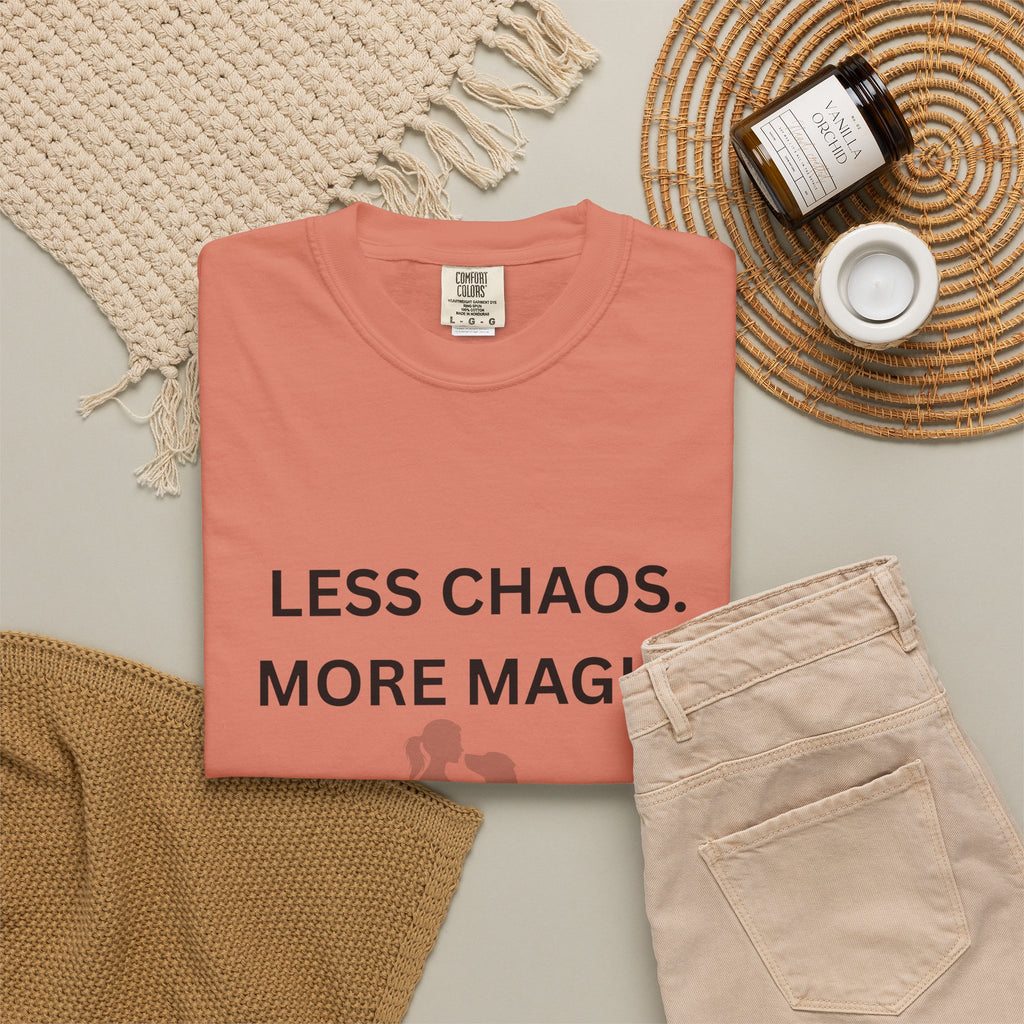 Less Chaos, More Magic T-Shirt — Woman + Dog Silhouette Graphic Tee