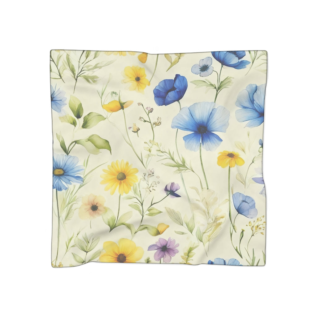 Yellow and Blue Pastel Floral Silk-Look Scarf — Soft Garden Print