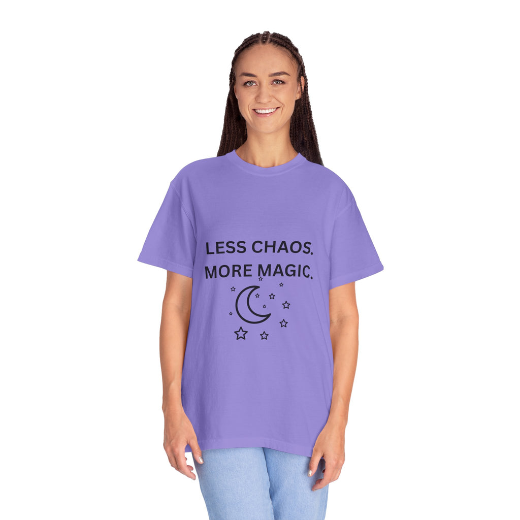 Less Chaos, More Magic T-Shirt — Crescent Moon + Stars Graphic Tee
