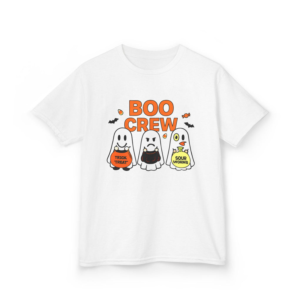 Kids white Halloween T-shirt with orange 'Boo Crew' monster lineup graphic