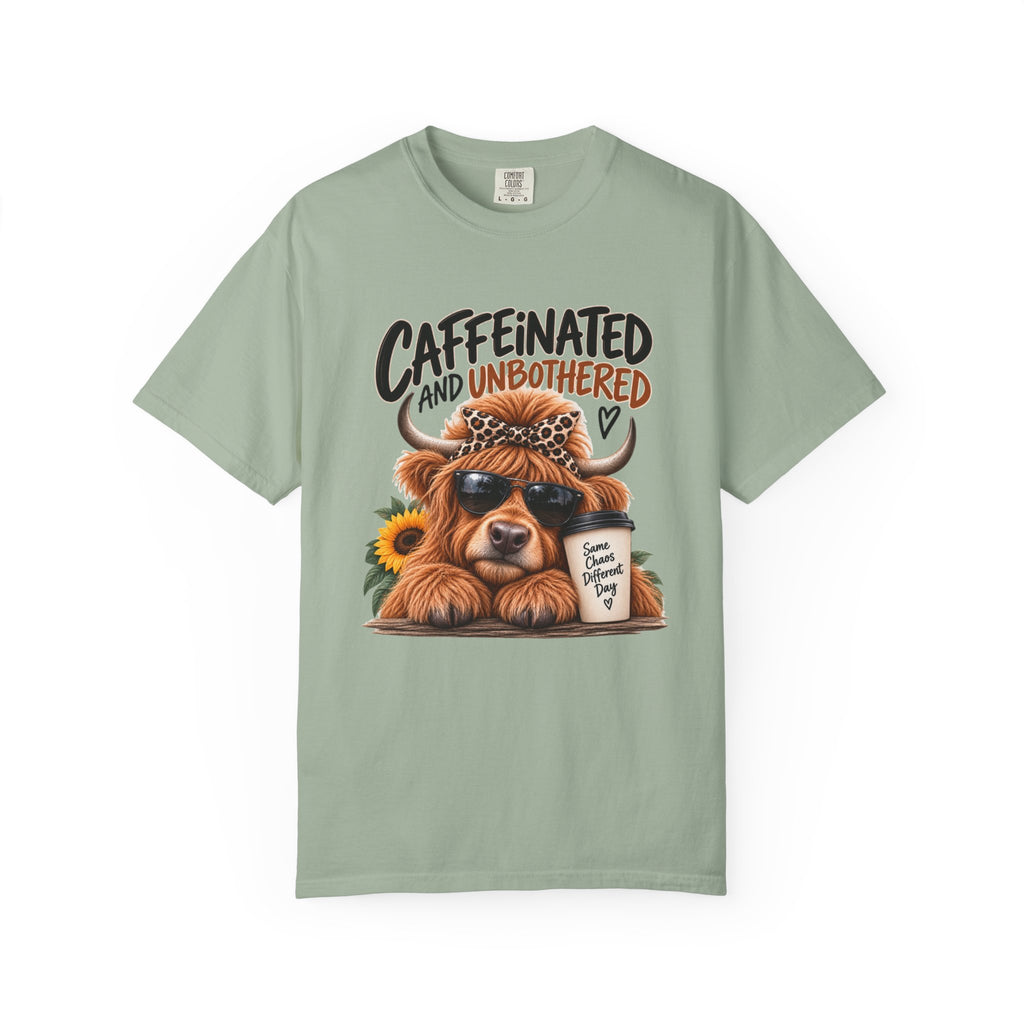 Caffeinated and Unbothered Dog T-Shirt — Cute Coffee Pup Graphic Tee