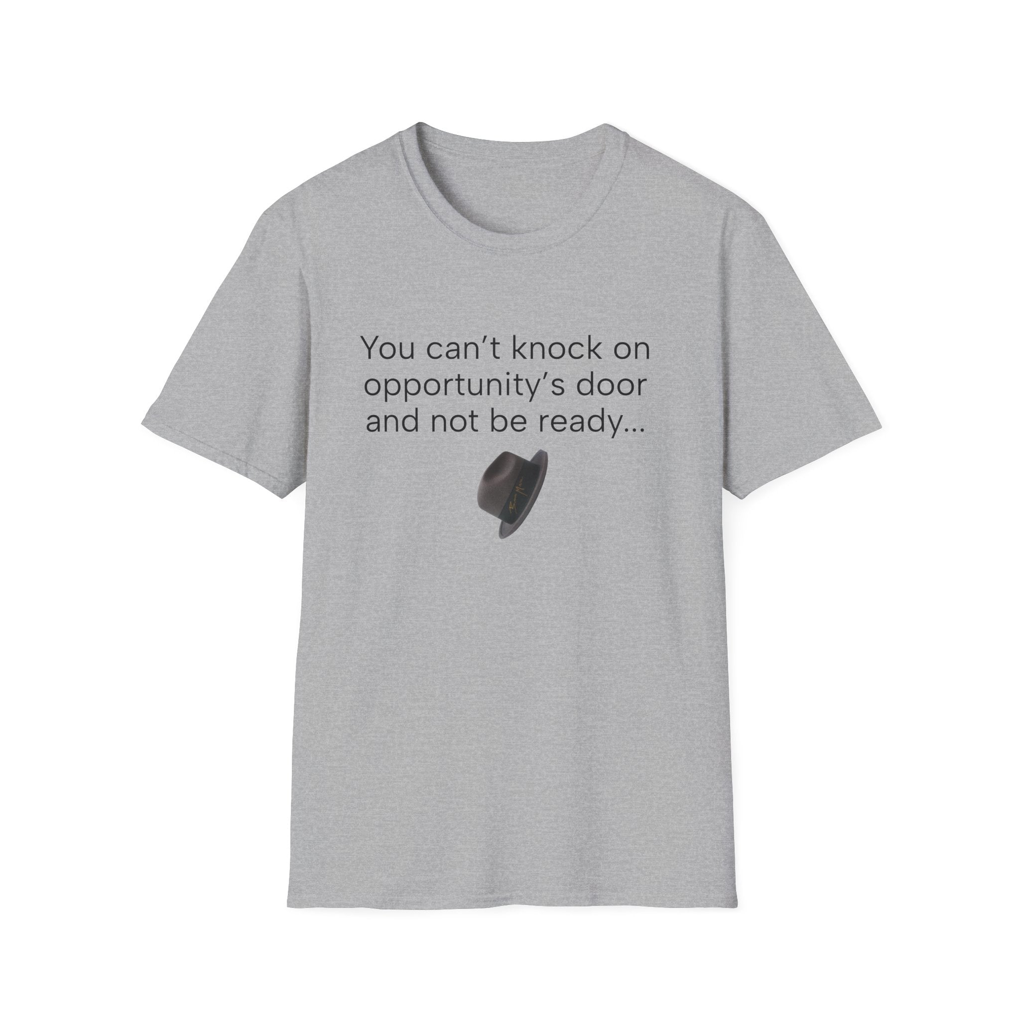 Sport gray T-shirt with motivational quote text and door icon graphic on front