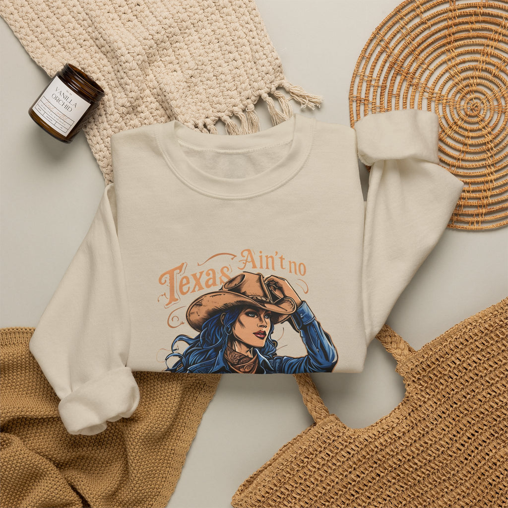 White crewneck sweatshirt with western cowgirl graphic and long sleeves