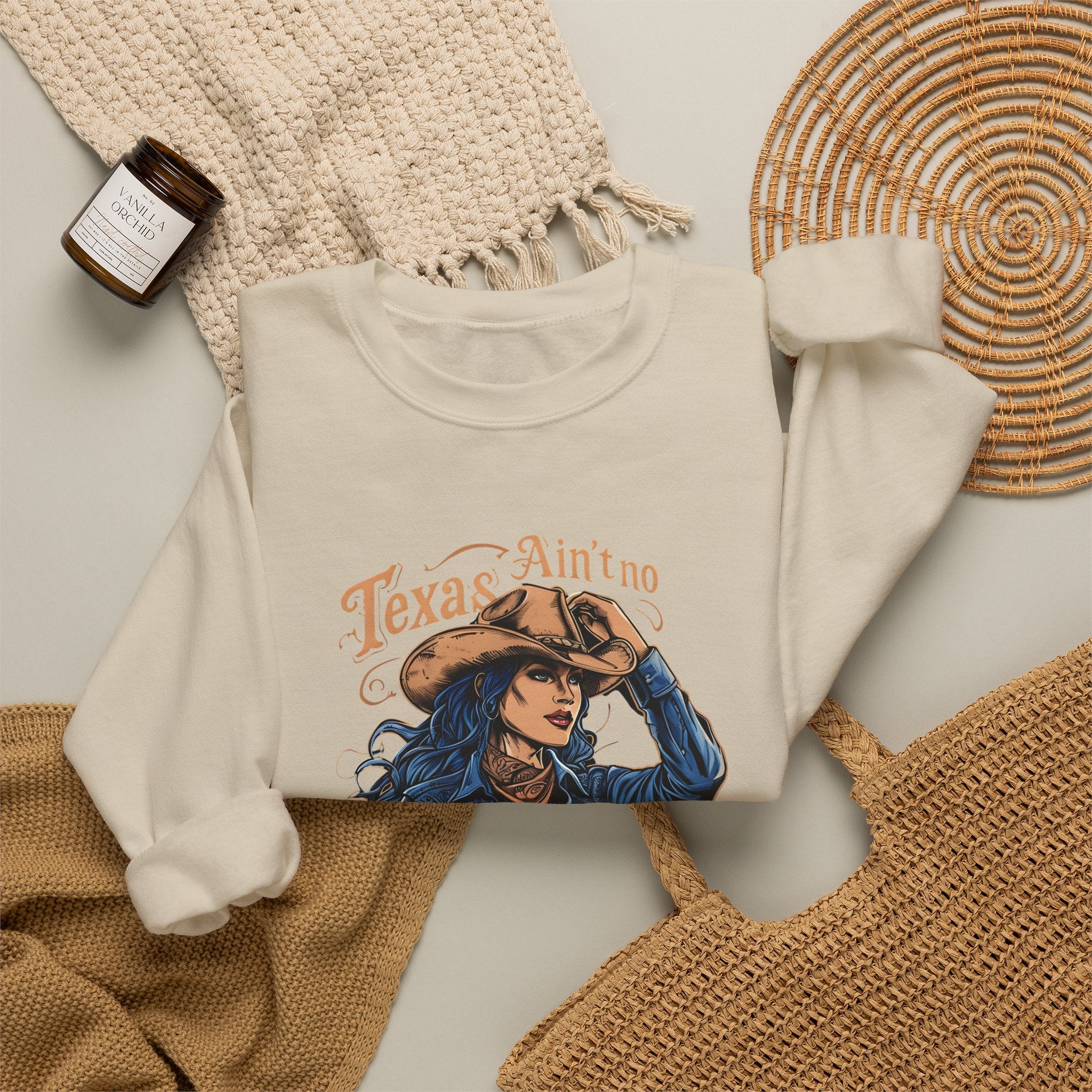 White crewneck sweatshirt with western cowgirl graphic and long sleeves