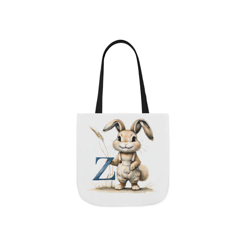 Canvas tote bag with rabbit and letter Z graphic, black shoulder straps