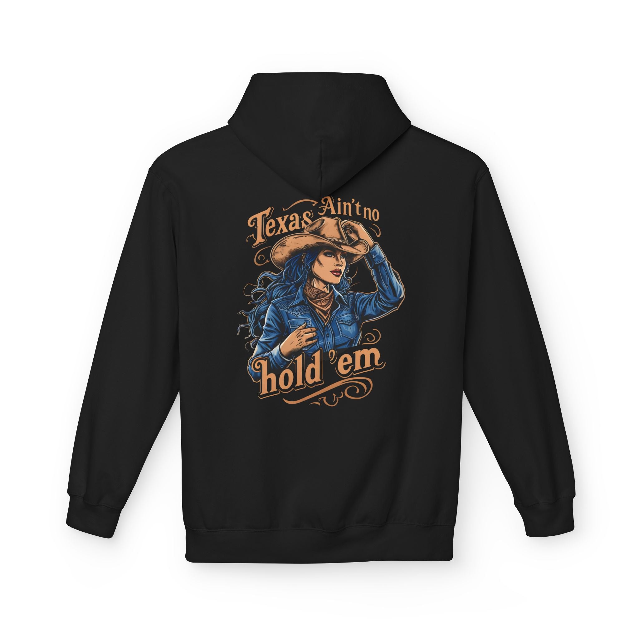 Black cowgirl hoodie pullover with front graphic print of a hat-wearing cowgirl and 'hold 'em' text
