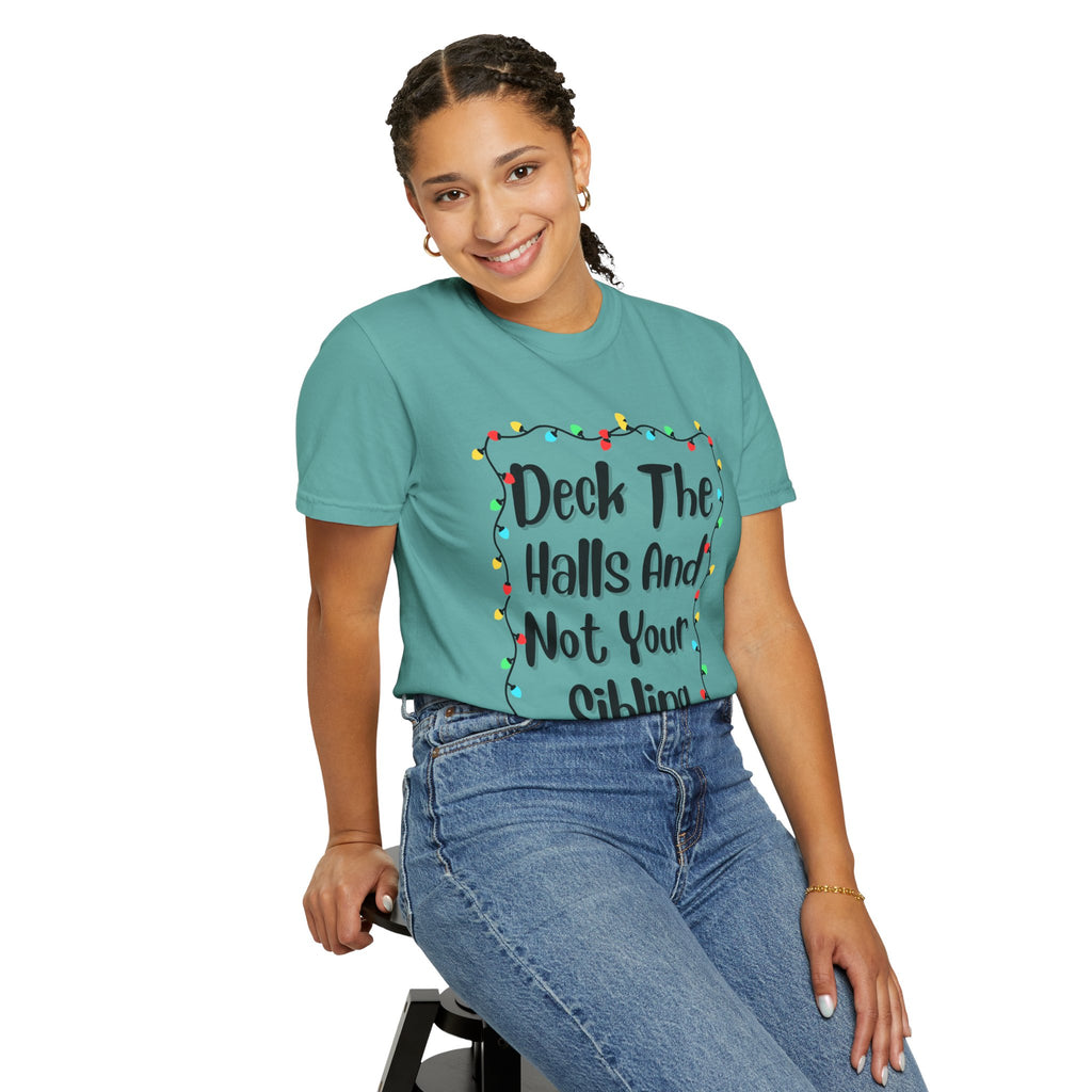 Teal T-shirt on model with holiday lights frame and funny text graphic front
