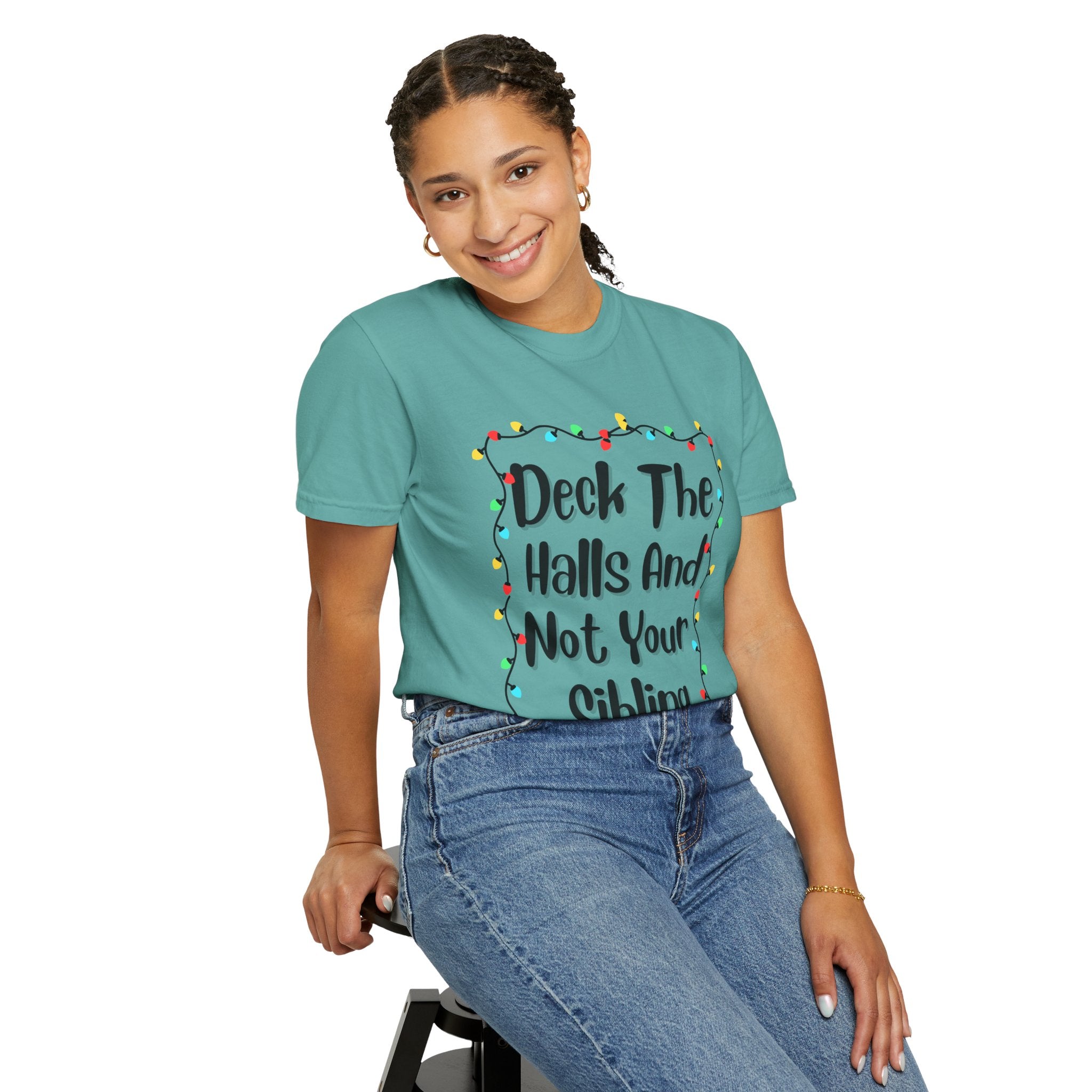 Teal T-shirt on model with holiday lights frame and funny text graphic front