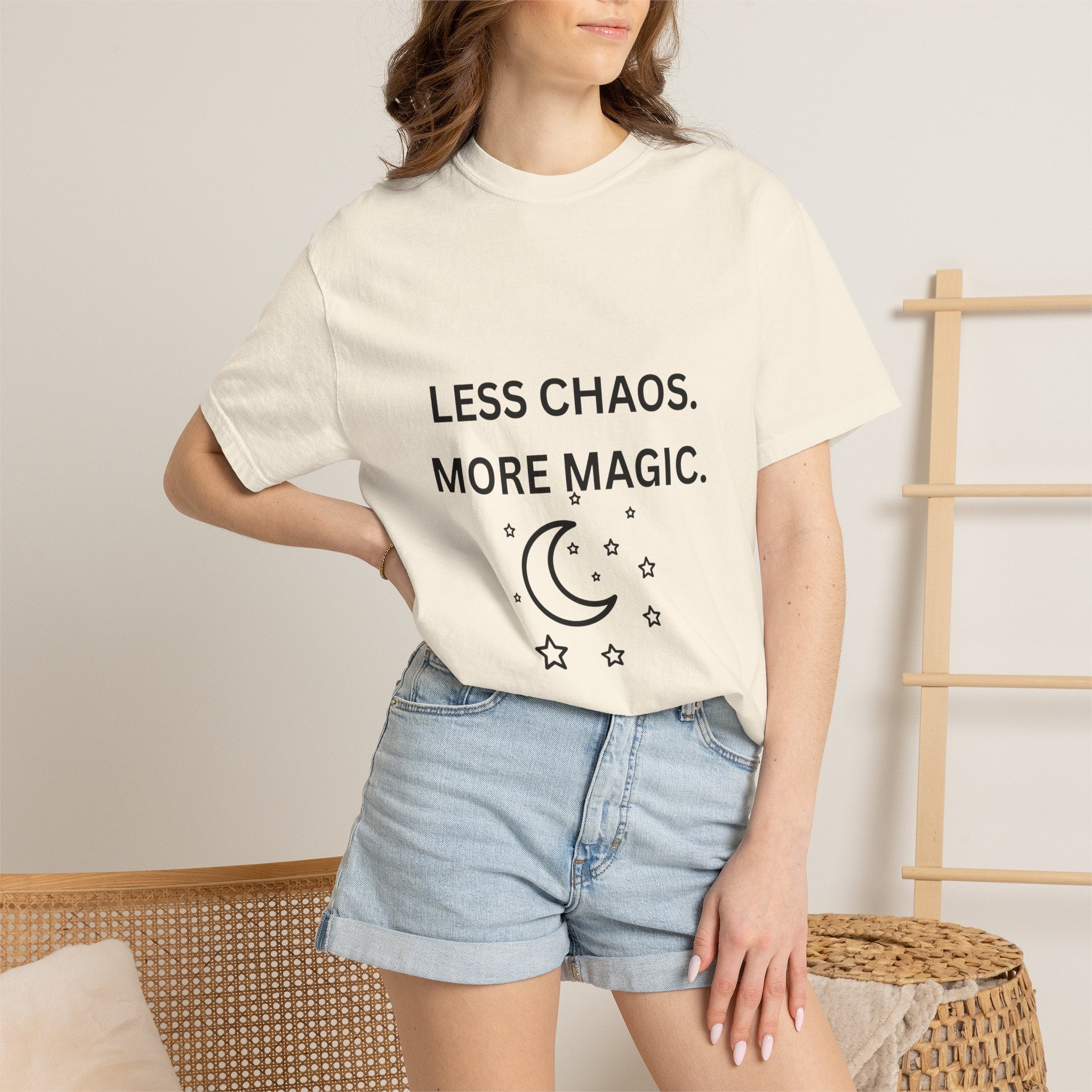 Less Chaos, More Magic T-Shirt — Crescent Moon + Stars Graphic Tee