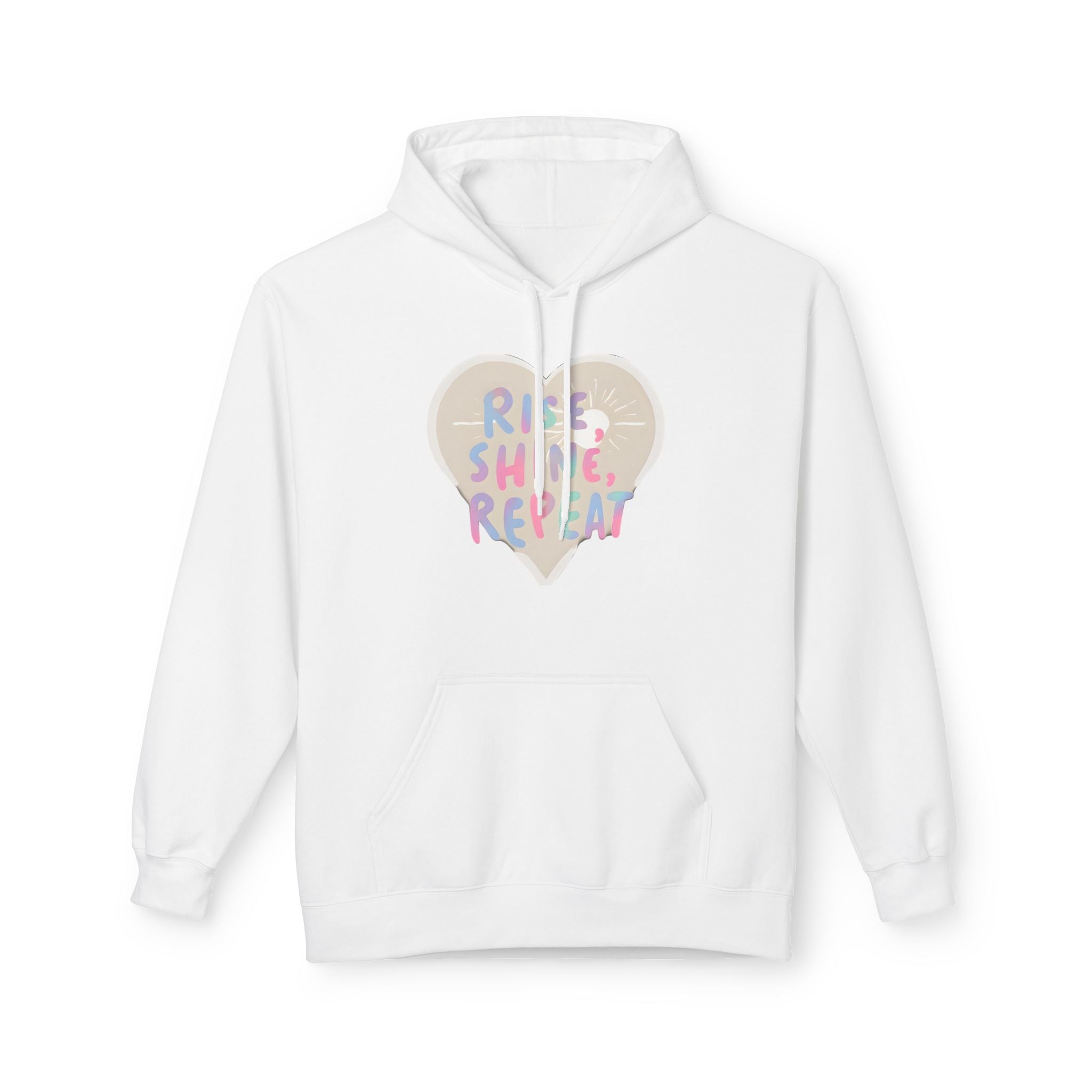White hoodie with drawstring hood, front pocket, and heart "Rise Shine Repeat" graphic