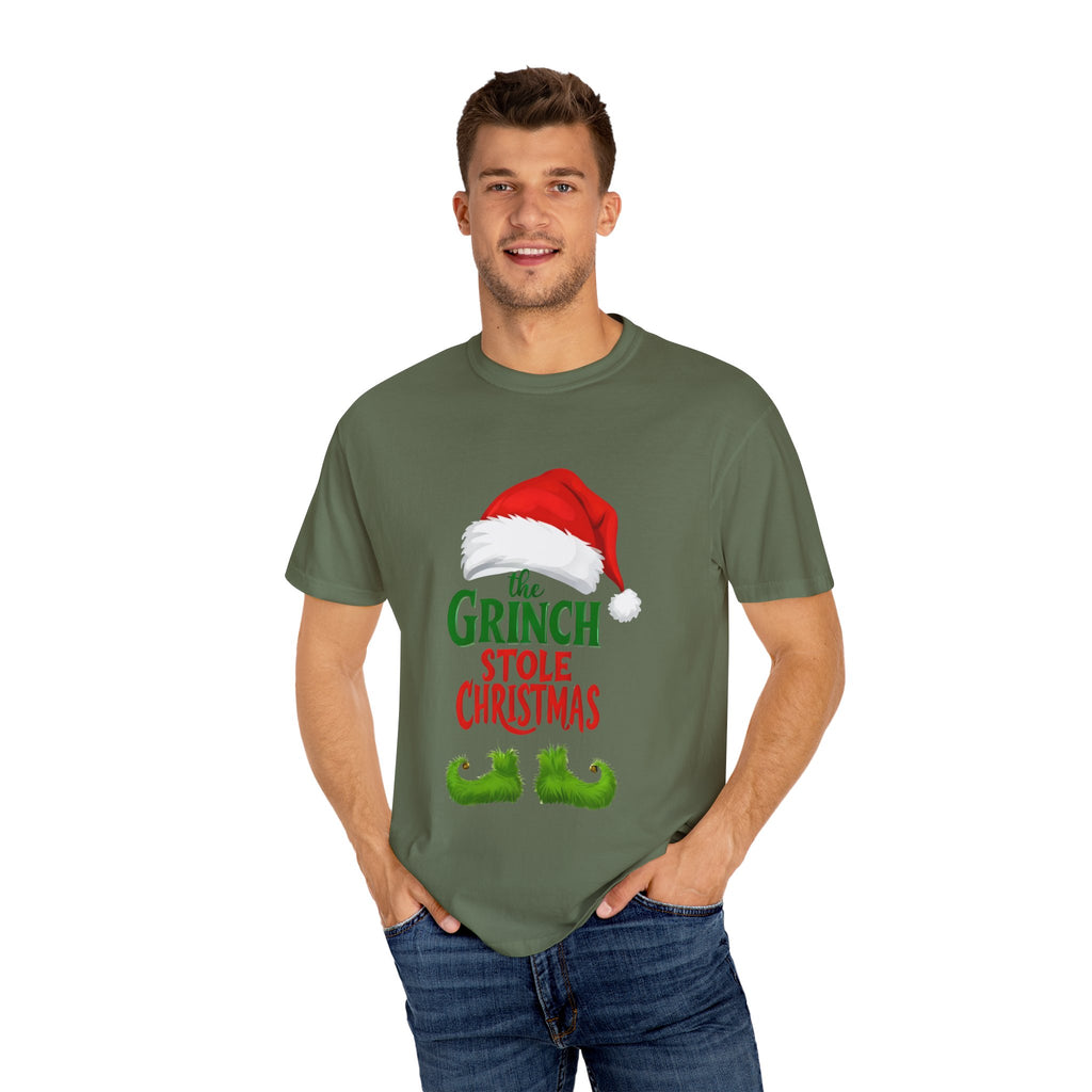 Sage green crewneck T-shirt with red Santa hat and green "Grinch stole Christmas" graphic