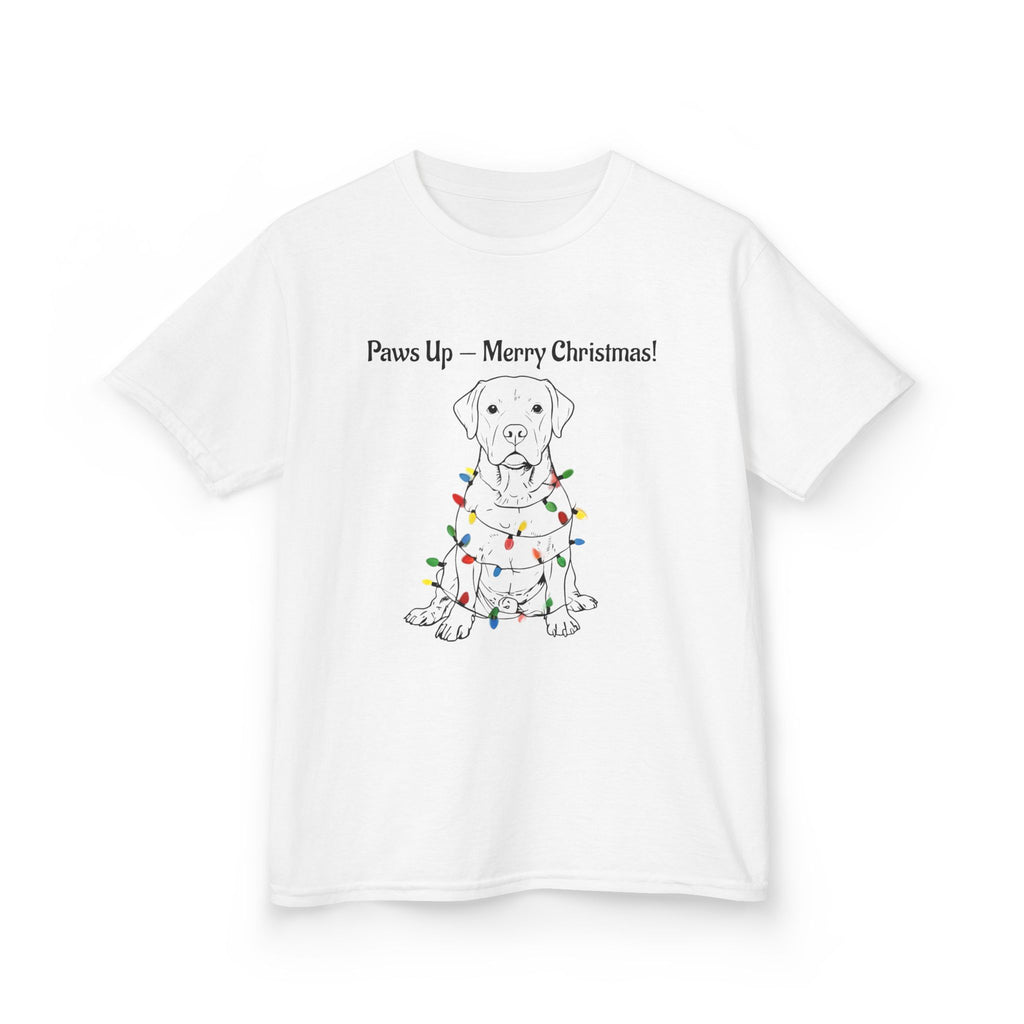 Kids white graphic tee with puppy wearing Christmas lights and message on front