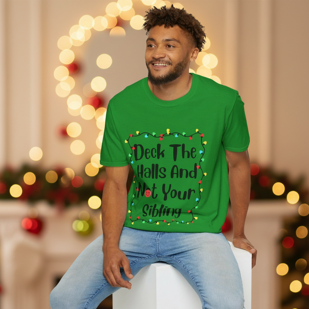 Green crew-neck T-shirt with festive lights graphic on front