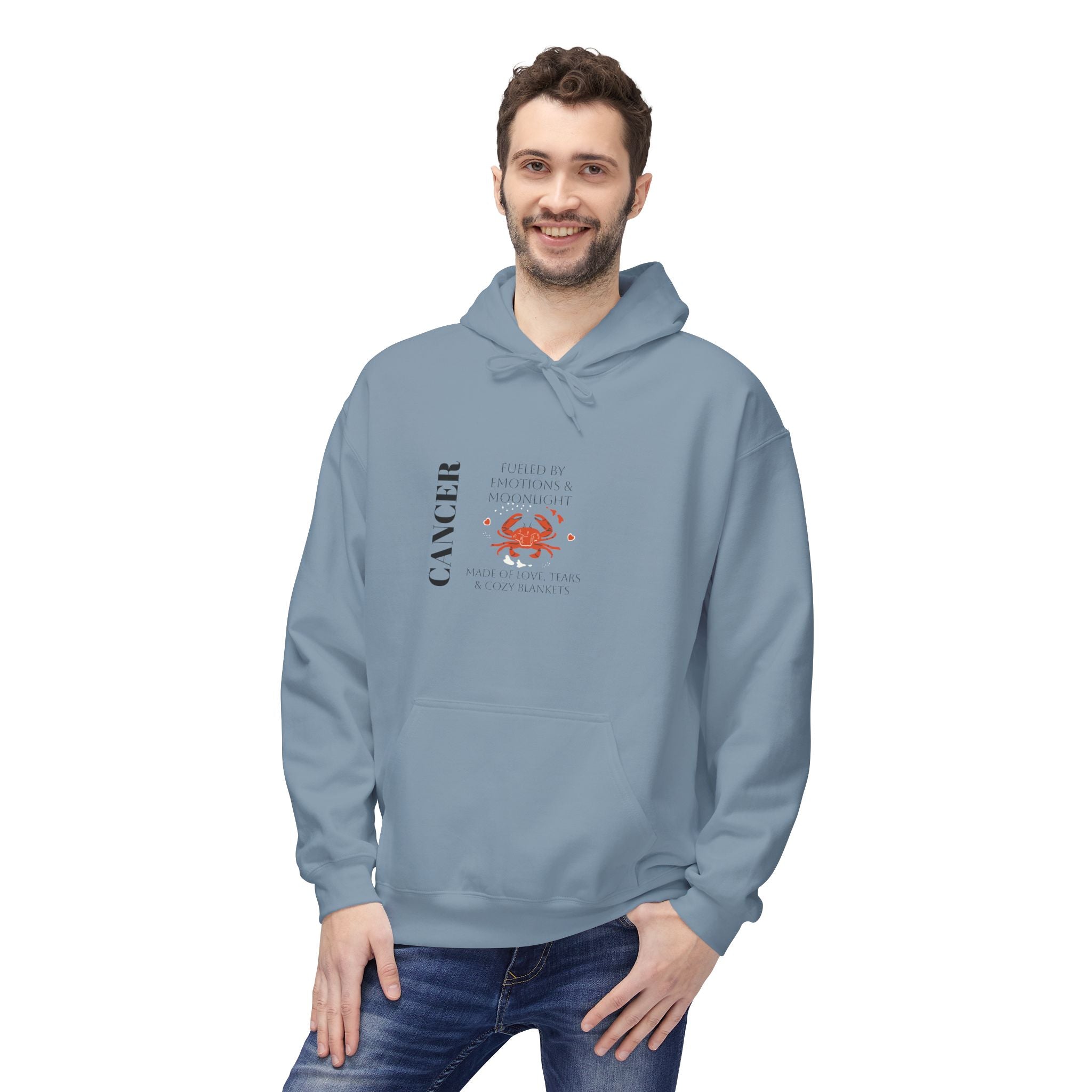 Slate blue hoodie on male model, chest Cancer crab graphic and kangaroo pocket