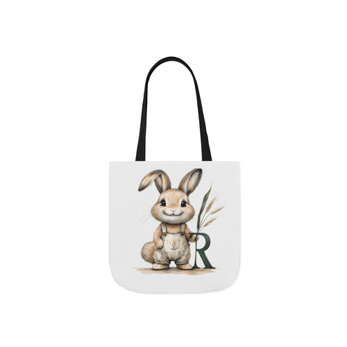 Black strap canvas tote bag with bunny illustration and letter R on the front