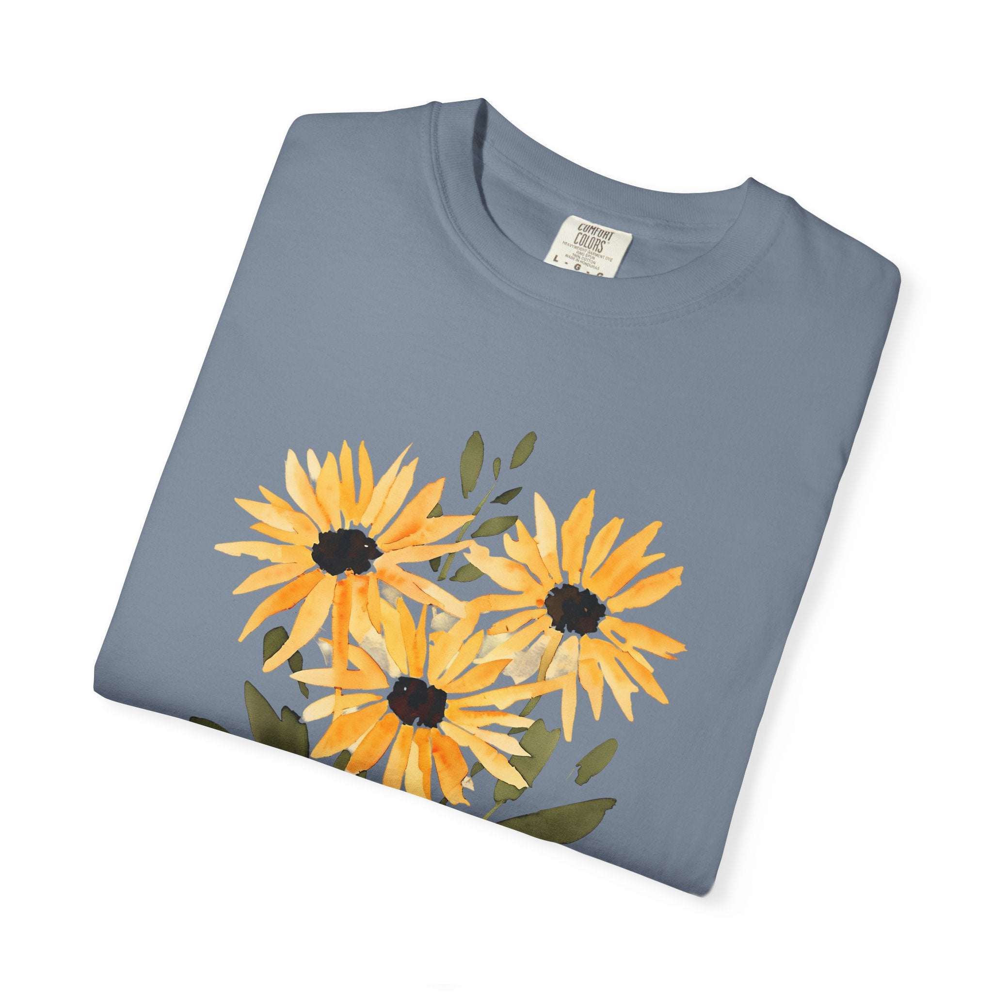 Blue crew-neck T-shirt with orange sunflower bouquet print and green leaves