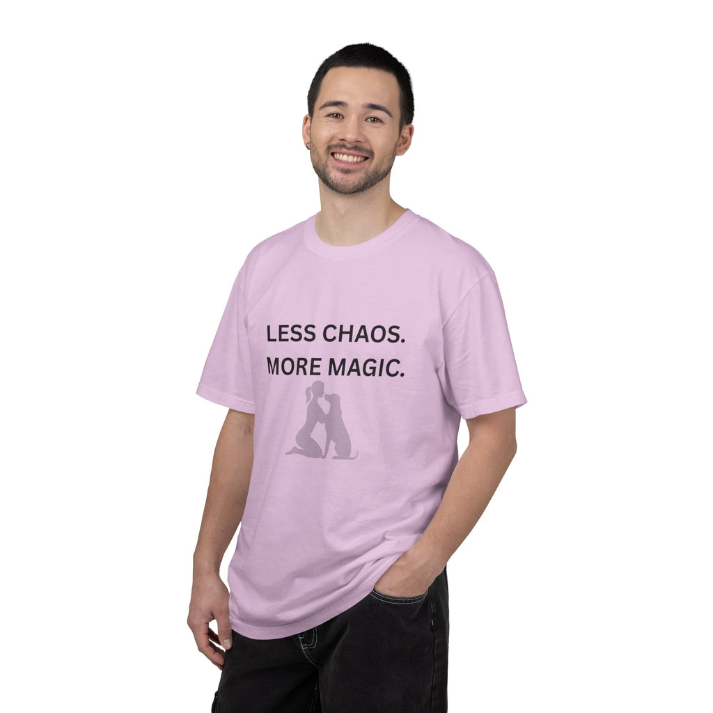 Less Chaos, More Magic T-Shirt — Woman + Dog Silhouette Graphic Tee