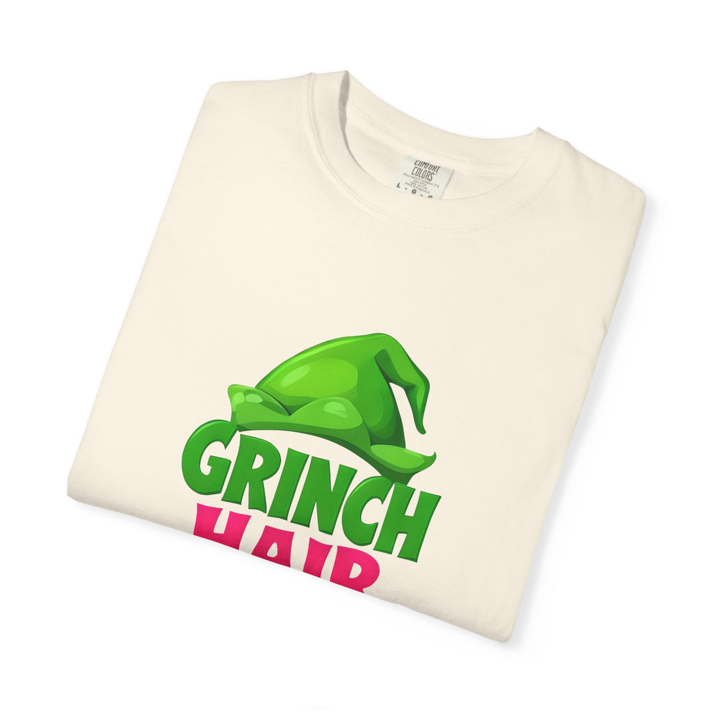Ivory graphic T-shirt, flat lay, Grinch Hair Care front print