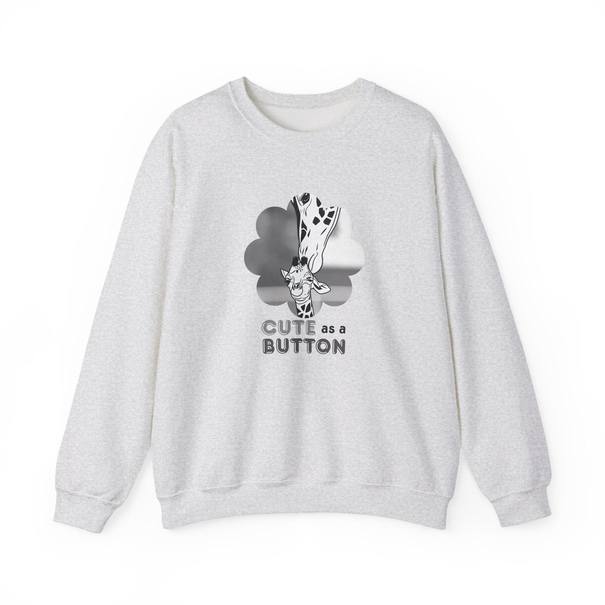 Light gray crewneck sweatshirt with giraffe in flowers graphic and "CUTE as a BUTTON" text