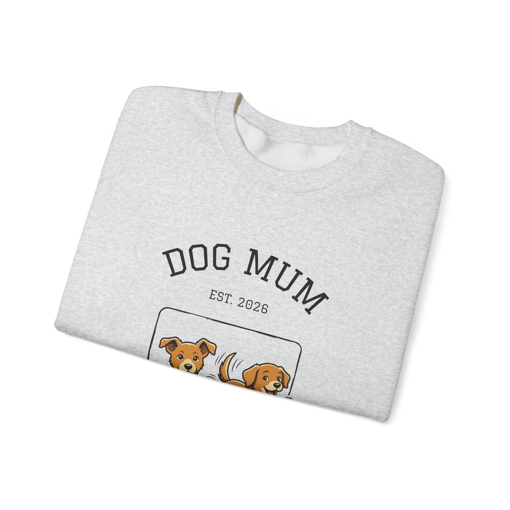 Heather gray crewneck sweatshirt with “DOG MUM” graphic and dogs illustration detail