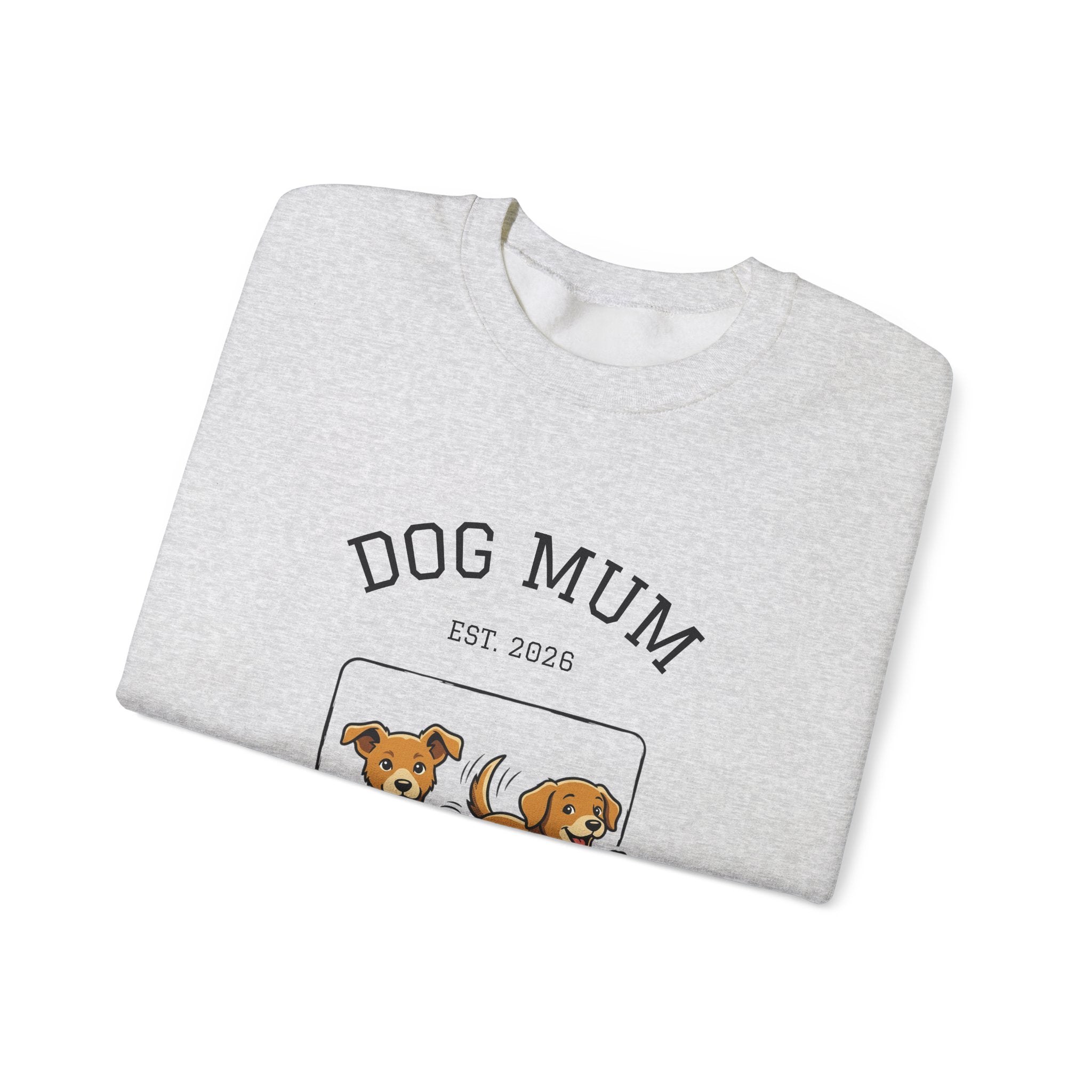 Heather gray crewneck sweatshirt with “DOG MUM” graphic and dogs illustration detail