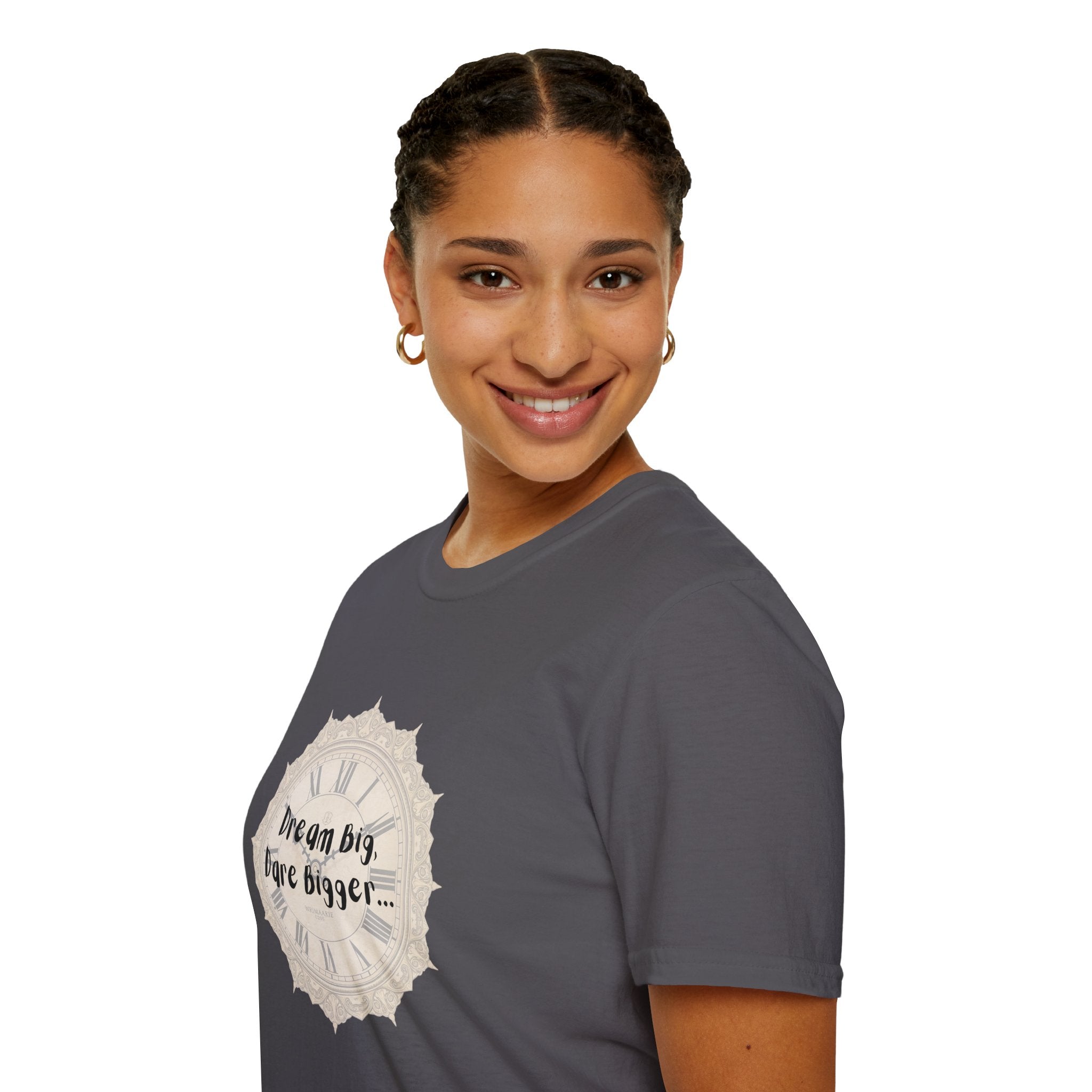 Dark gray T-shirt worn by model, cream clock graphic on left chest.