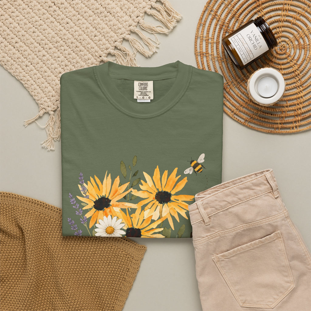 Sage green crew-neck t-shirt with sunflower and lavender bouquet bee graphic