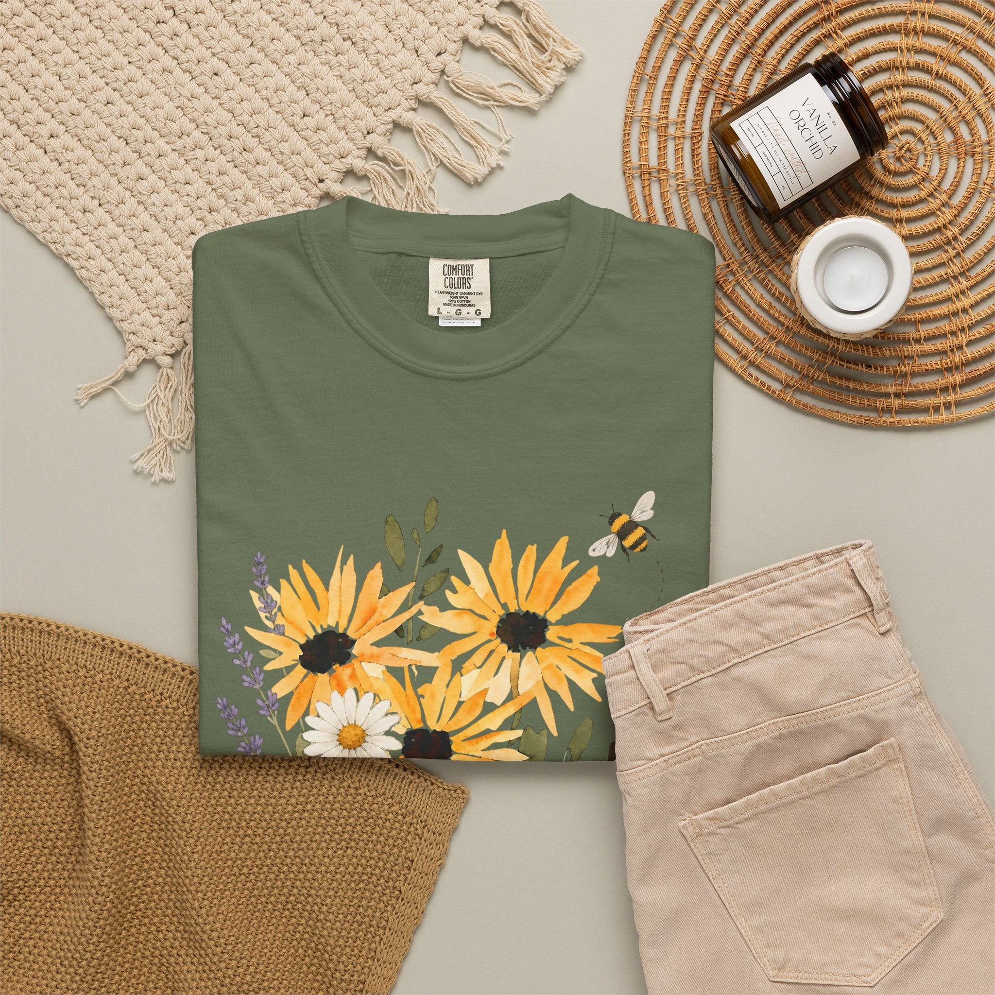Sage green crew-neck t-shirt with sunflower and lavender bouquet bee graphic