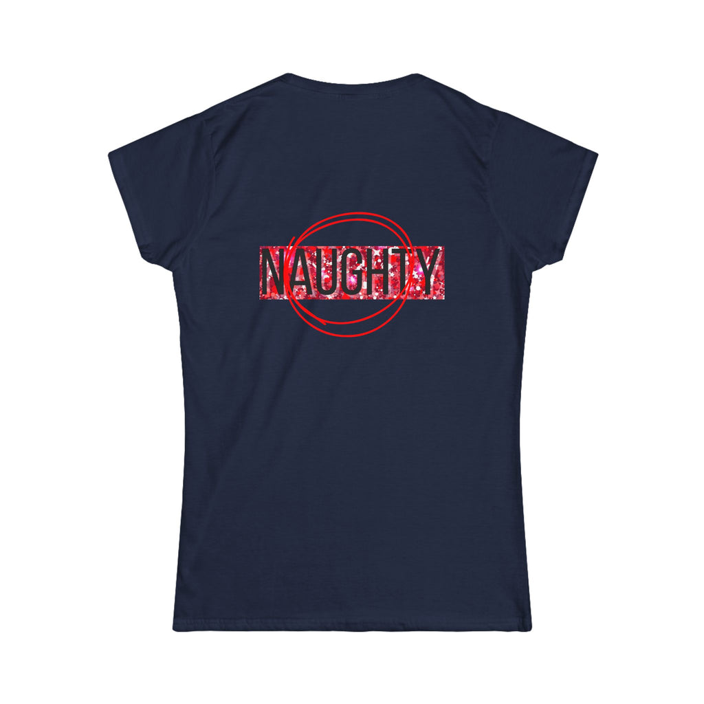 Women's tee with 'NAUGHTY' graphic, navy shirt with red stamp