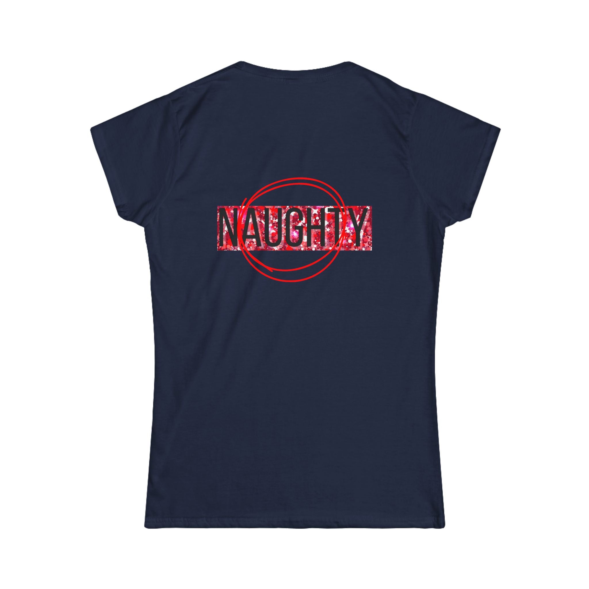 Women's tee with 'NAUGHTY' graphic, navy shirt with red stamp