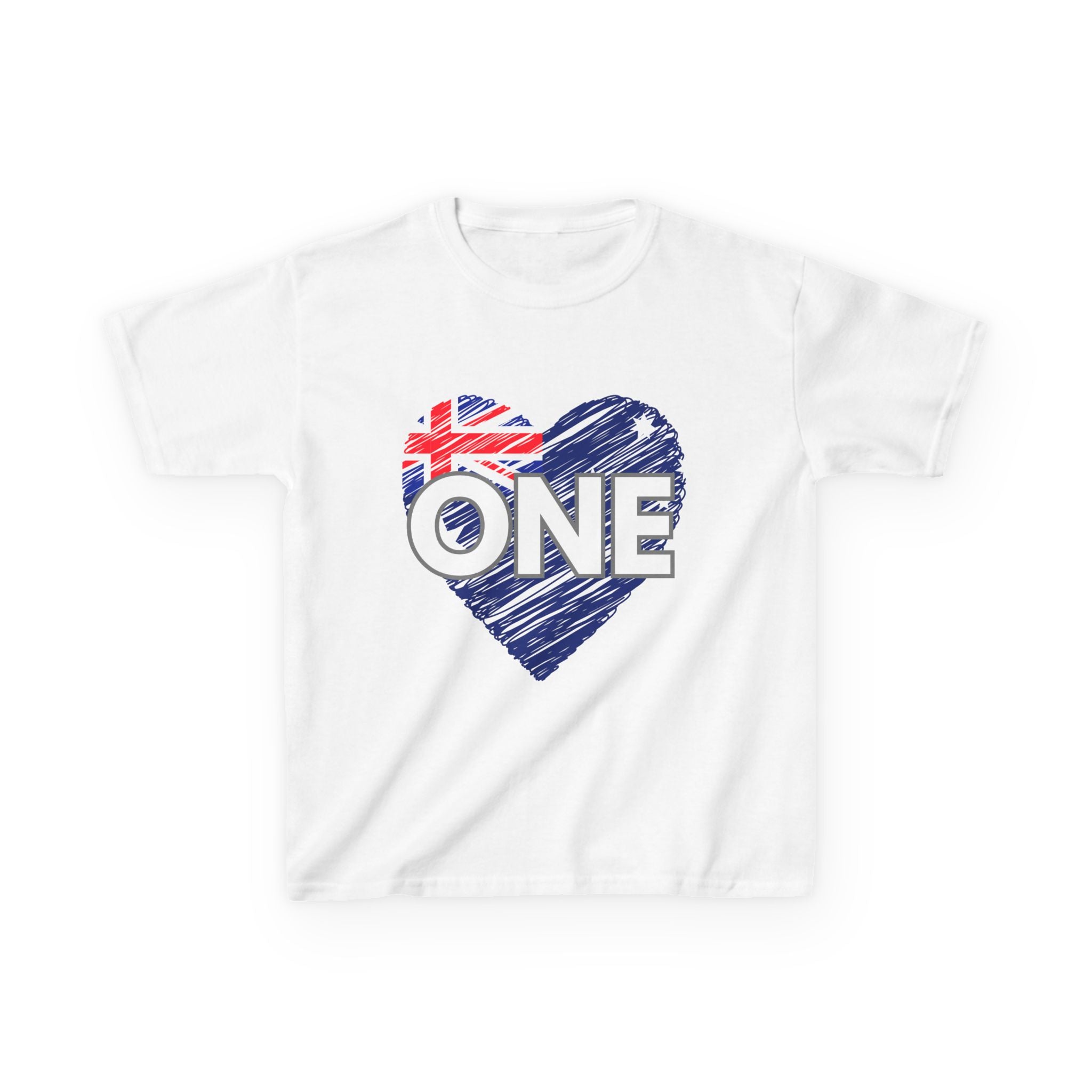 Kids T-shirt, white with “ONE” heart unity graphic and Australian flag design
