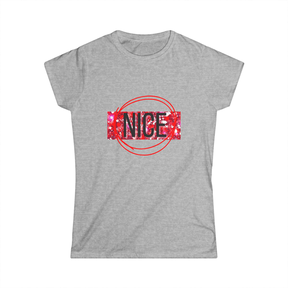 Women’s graphic tee, heather gray, “NICE” front print with red circle