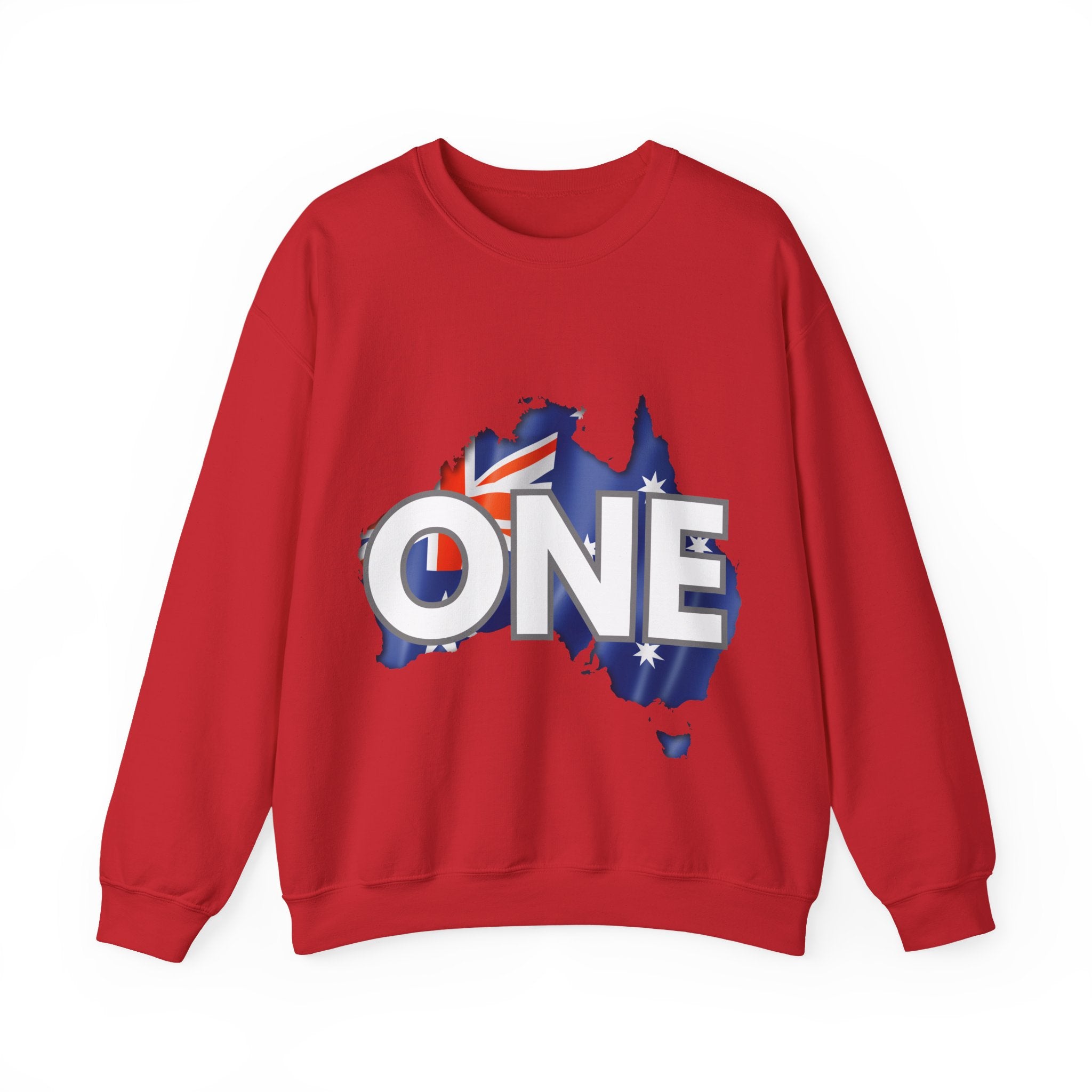Red crewneck sweatshirt with bold 'ONE' graphic and Australia map in flag colors