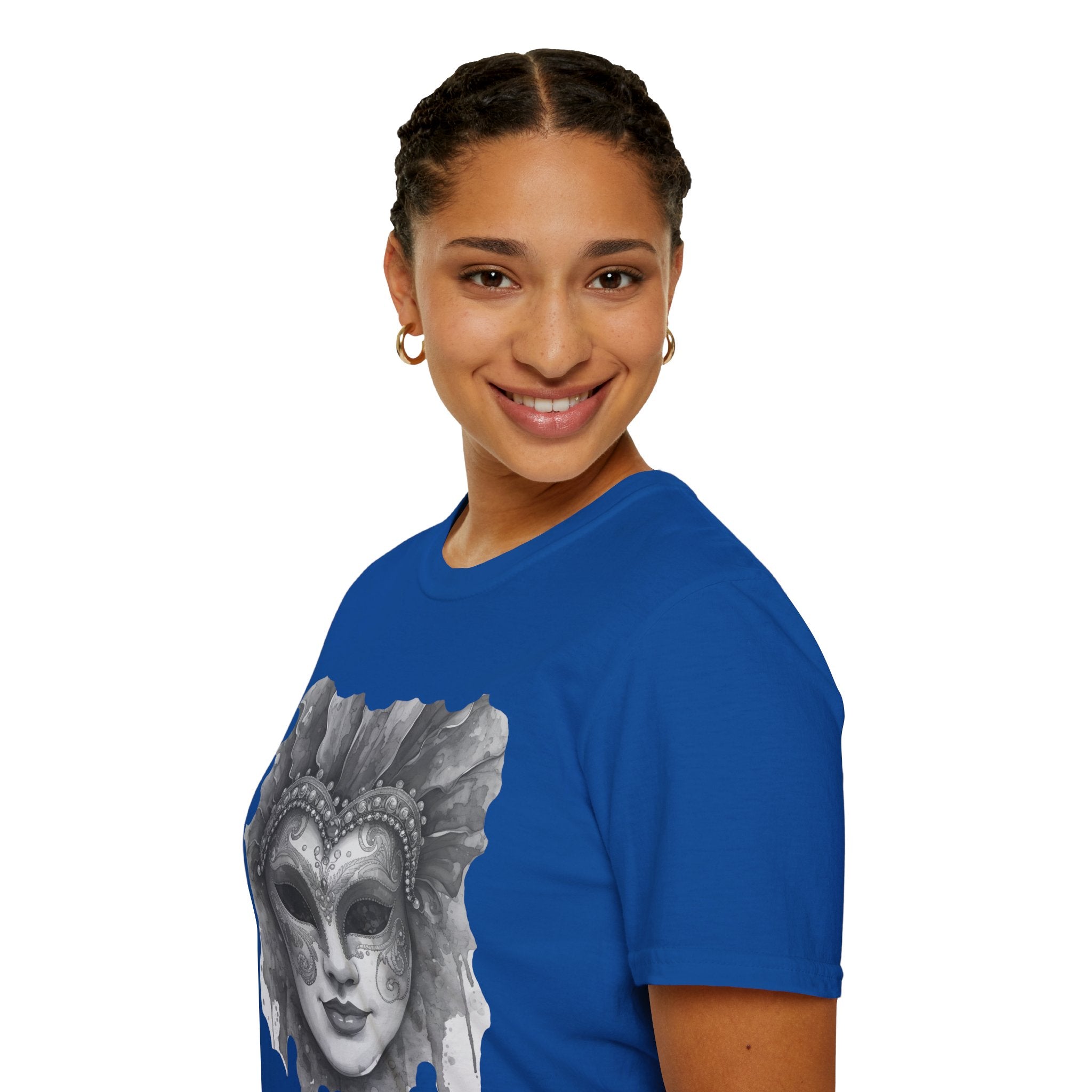 Royal blue face mask graphic T-shirt, short-sleeve crew neck