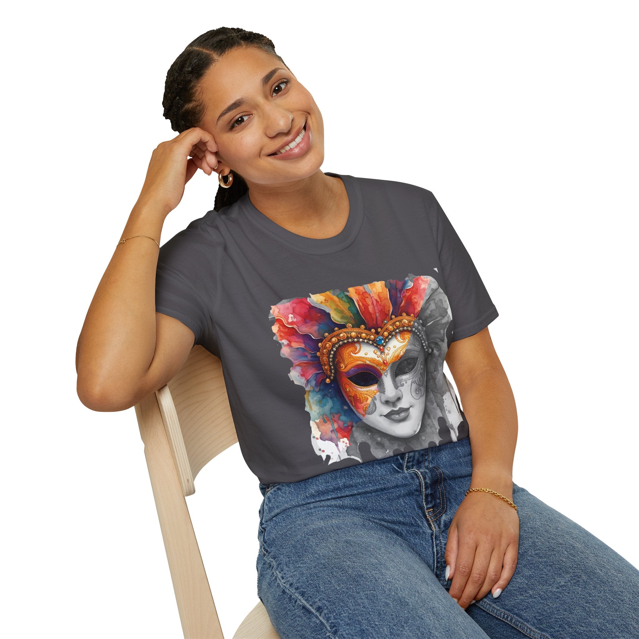 Charcoal T-shirt with colorful masquerade mask face graphic on front