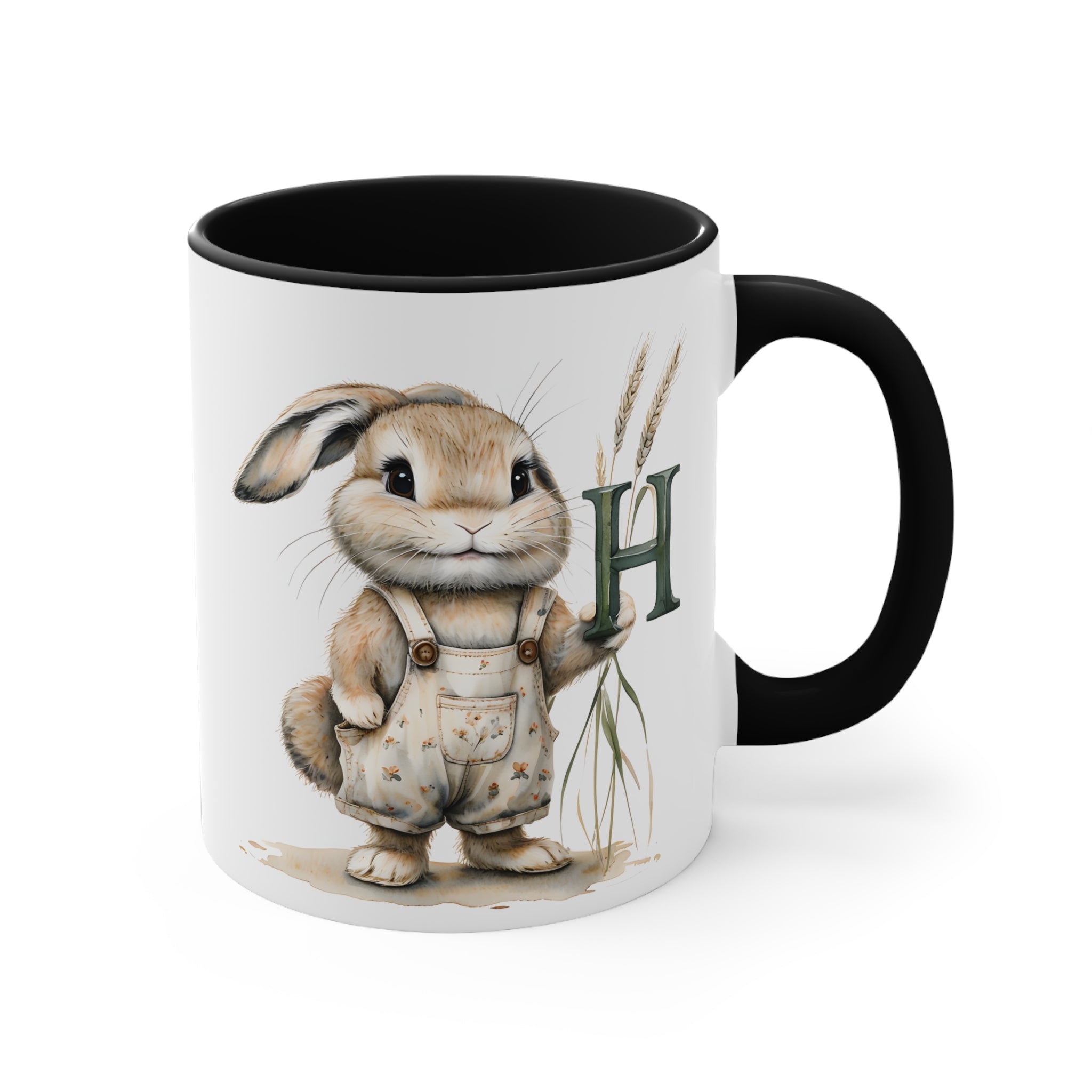 Whimsical Letter H Bunny Accent Mug, Coffee Cup, Cute Gift for Animal Lovers, Perfect for Easter & Birthdays, 11oz