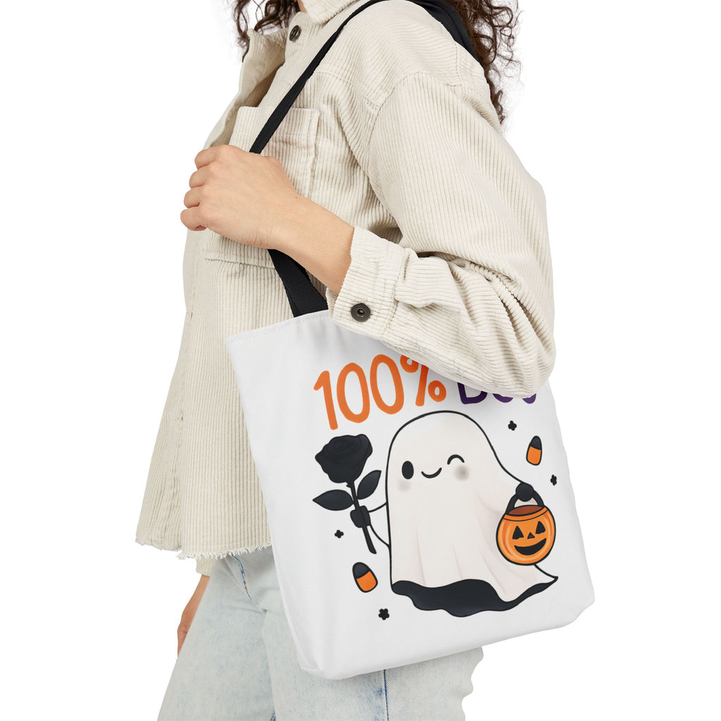 White canvas tote bag with black handles, ghost and orange '100% Boo' print