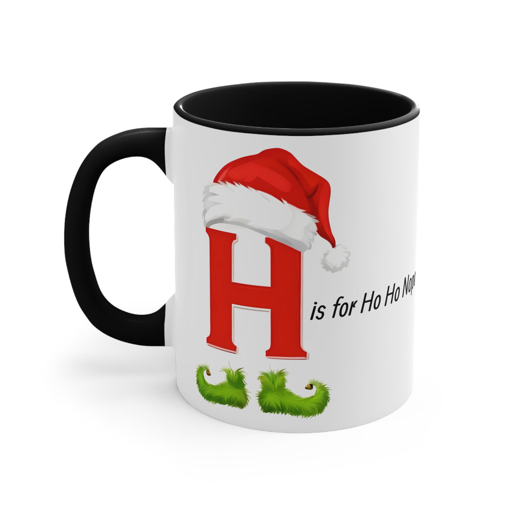 Christmas letter H mug, white with red H and Santa hat, green holly, black handle