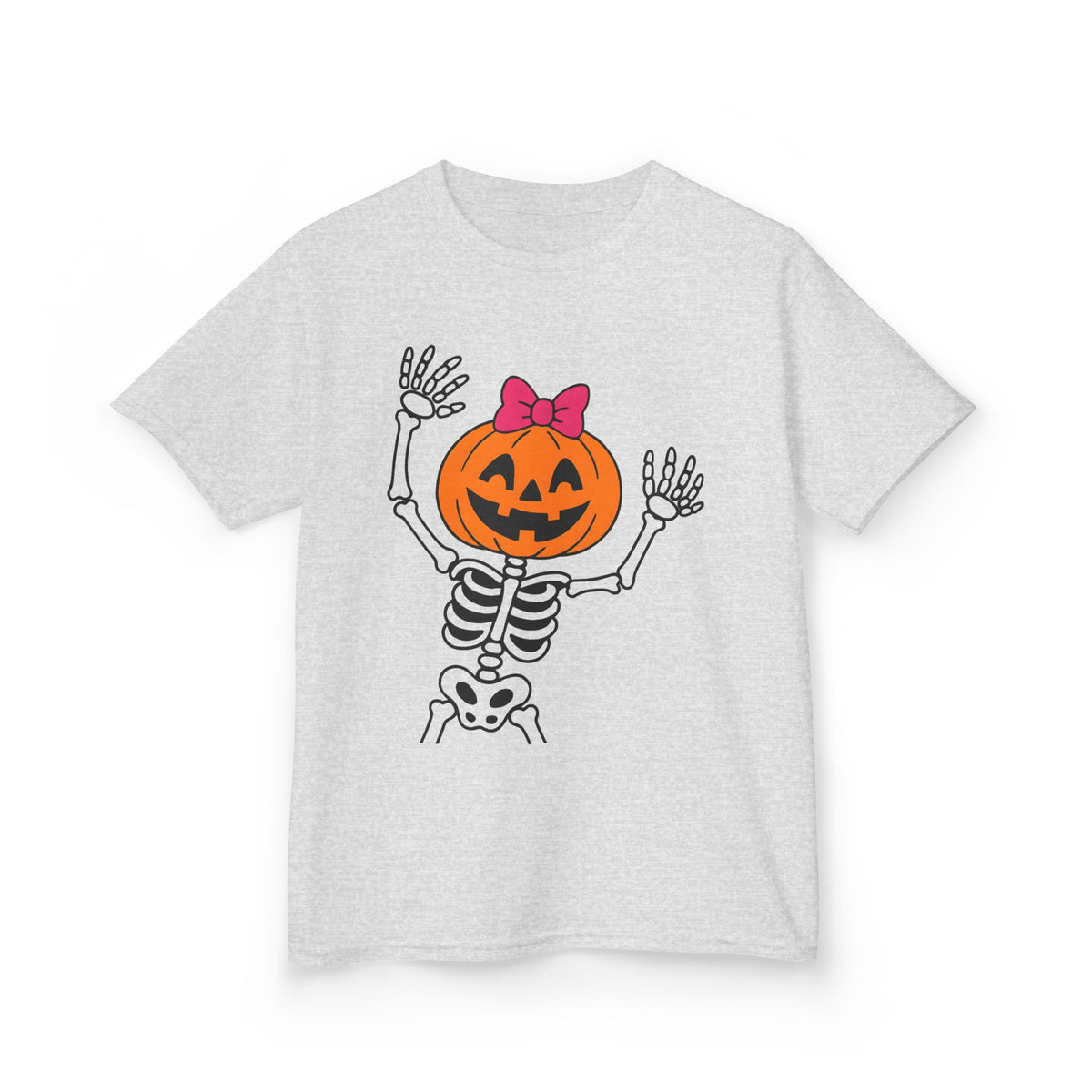 Ash gray kids Halloween skeleton pumpkin graphic T-shirt, short sleeves, crew neck