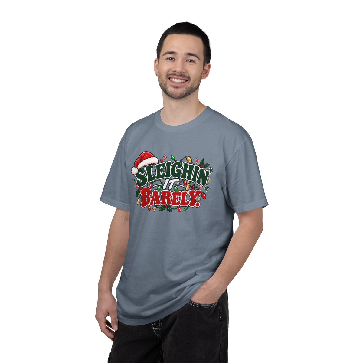 Blue jean crew-neck T-shirt on model, 'Sleighin' It Barely' holiday graphic