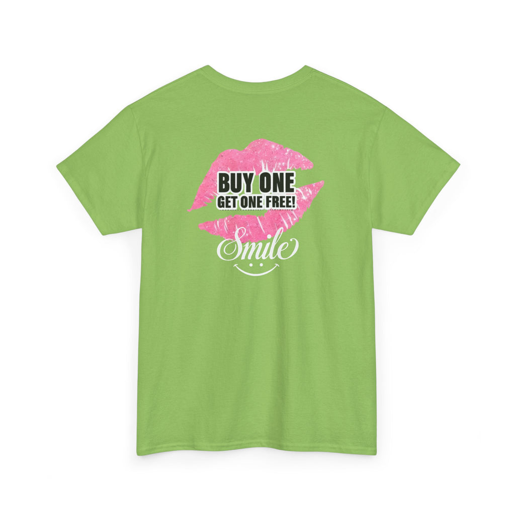 Smile Lip Print Tee — "Buy One Get One Free" Graphic T-Shirt Back Print