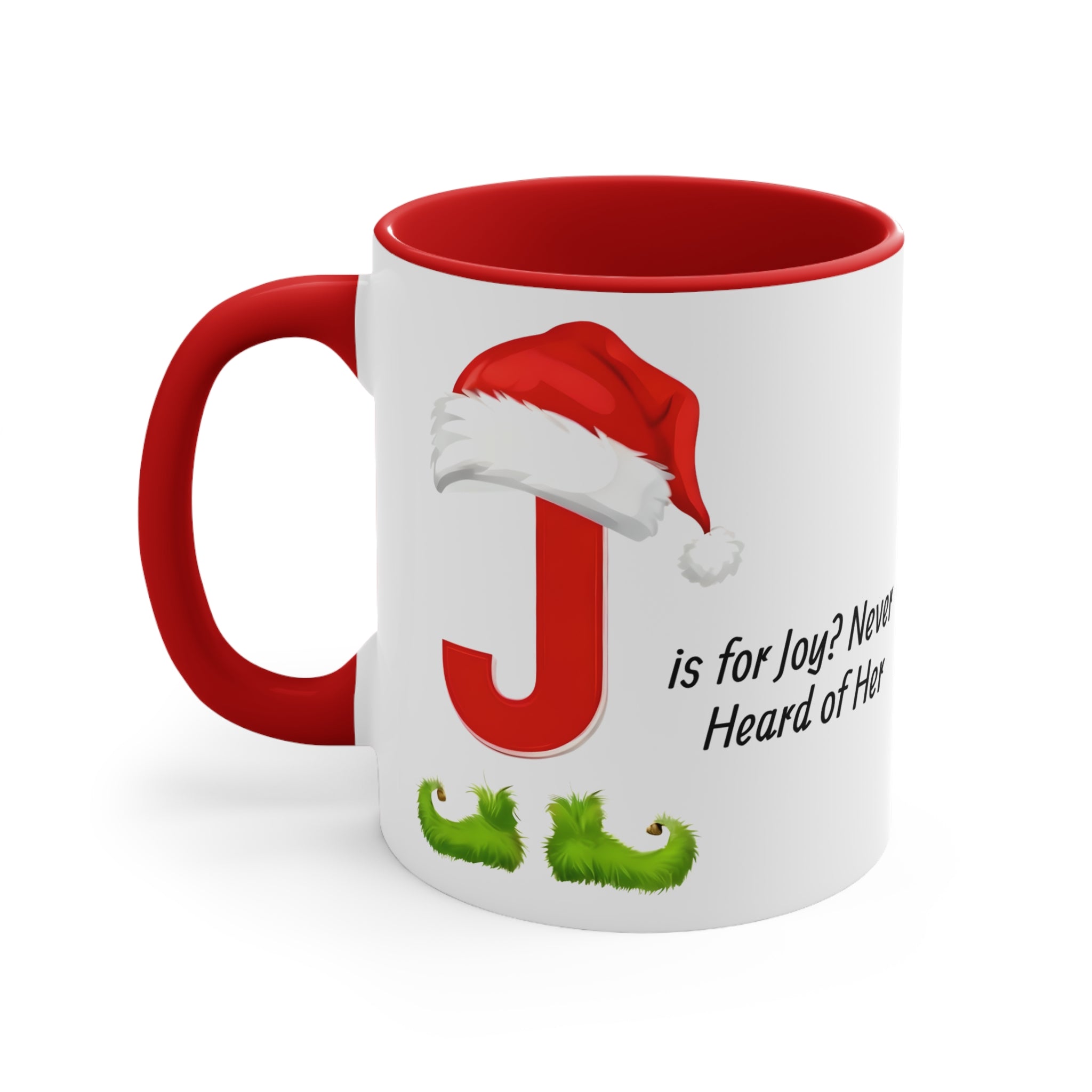 White mug with red handle and interior, red letter J with Santa hat and green boots