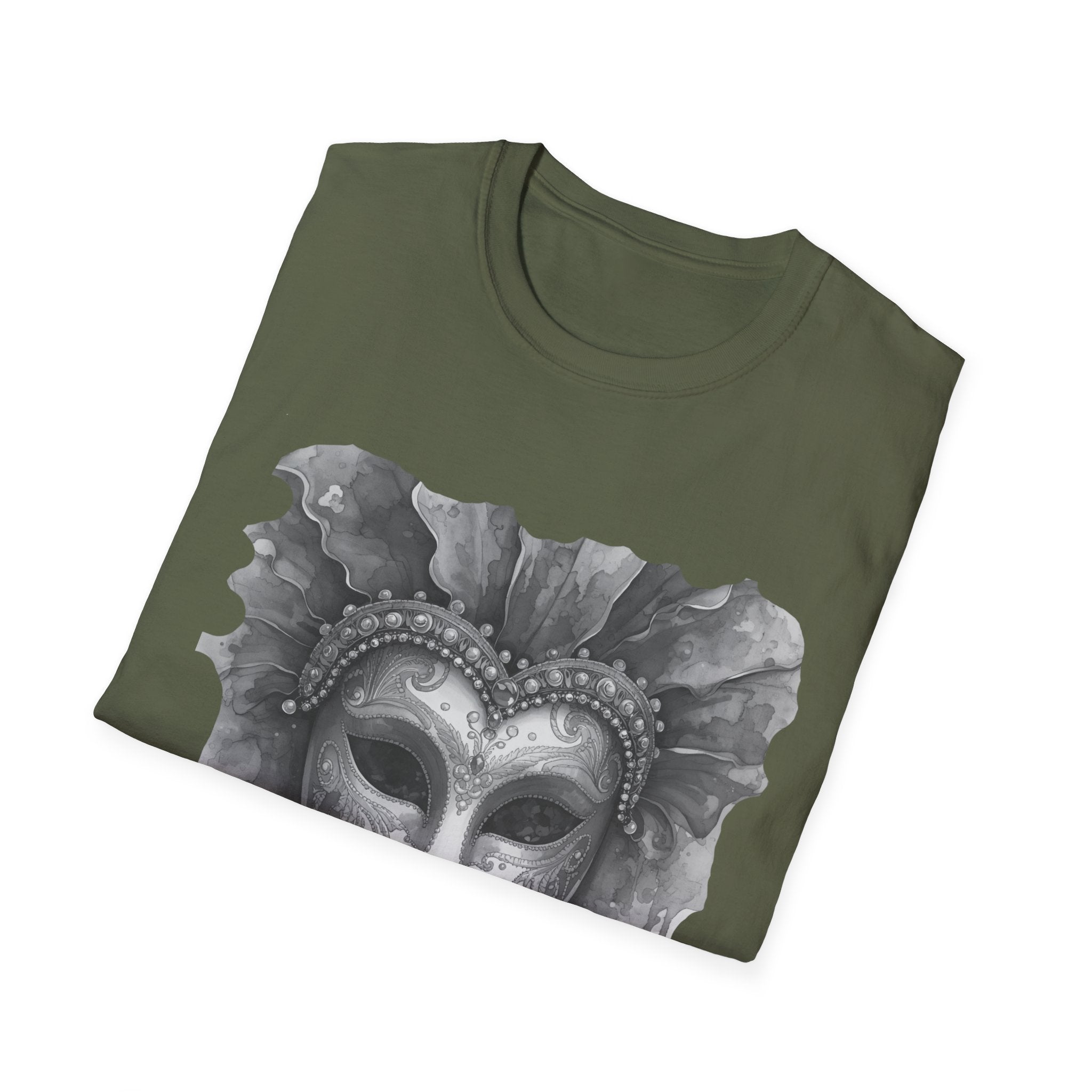 Olive green crew-neck T-shirt with front watercolour-style masquerade mask graphic
