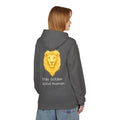 Dark gray unisex hoodie, back graphic with golden lion head and “Stay Golden Good Human”
