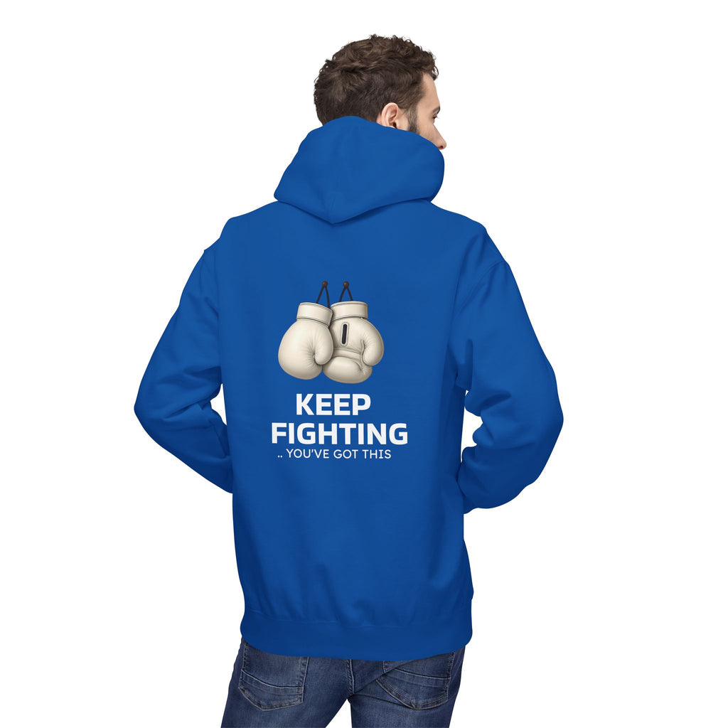 Blue pullover hoodie with centered back print: KEEP FIGHTING, boxing gloves artwork.