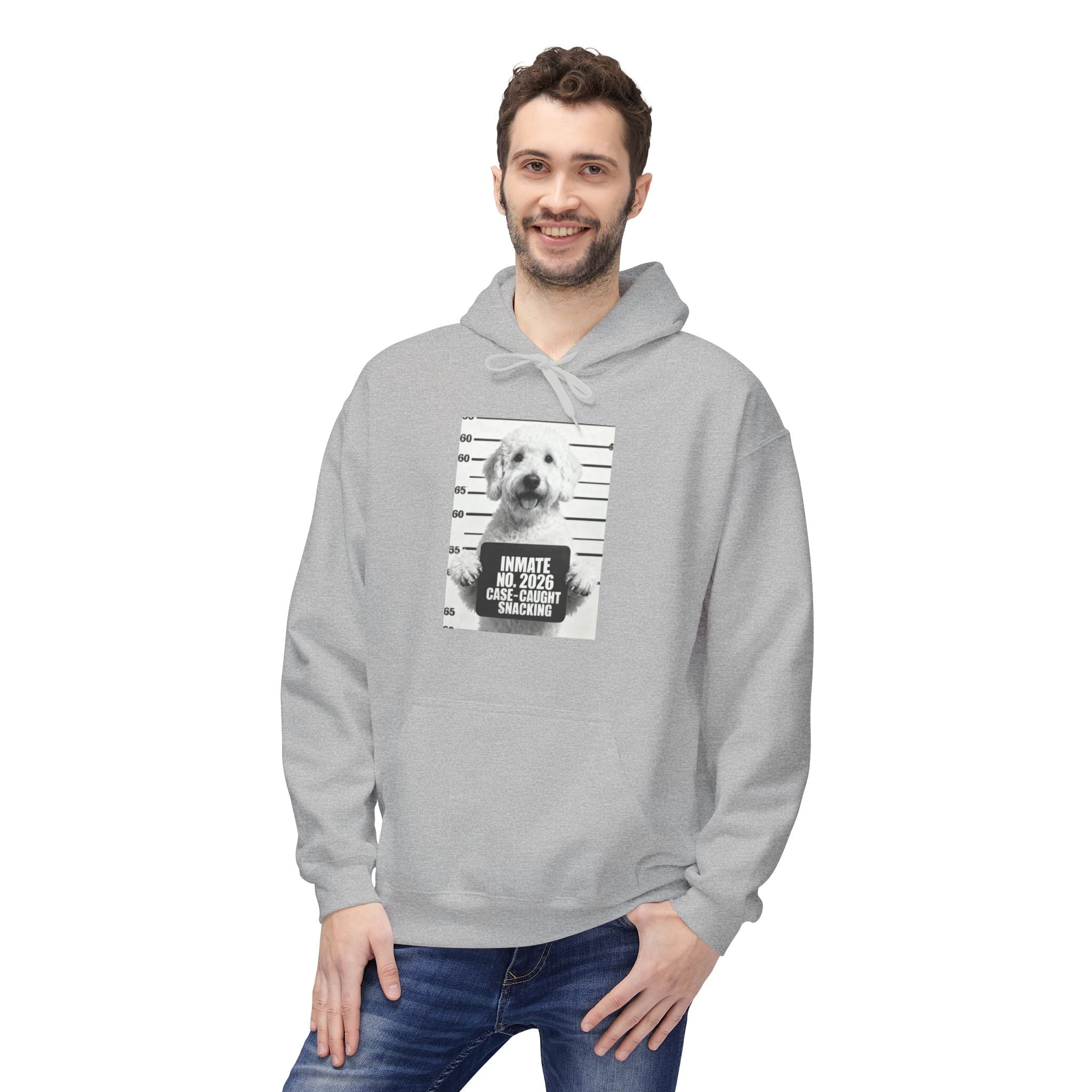 Sport grey hoodie with front dog mugshot graphic, kangaroo pocket, and drawstring hood