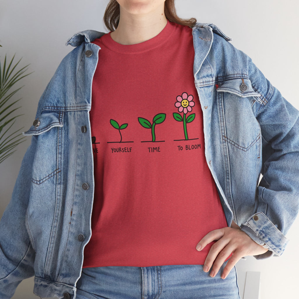 Red crew-neck graphic t-shirt with green sprout and flower growth design