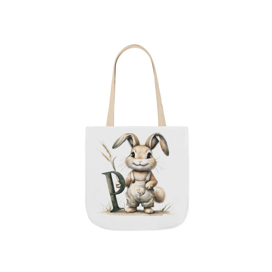 Cute Letter P Rabbit Canvas Tote Bag with 5-Color Straps, Easter Gift, Eco-Friendly Shopping Bag, Kids Tote, Bunny Lover Bag, Spring Decor