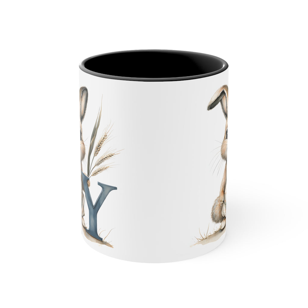 Whimsical Letter Y Bunny Mug - Colorful Accent Coffee Cup for Easter, Spring, Gift for Kids, Ceramic Drinkware, Rabbit Lover's Gift